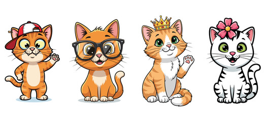 Cartoon cats pose playfully. Cute kittens, pets, comic characters, animal illustration, feline friends, cheerful, whimsical, playful, funny, friendly, happy, drawing.