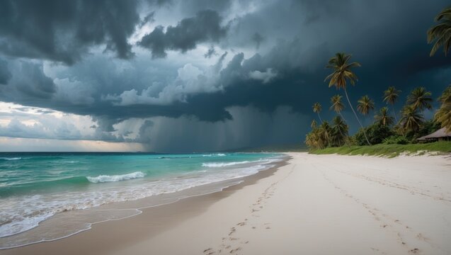 Scenic tropical coast with bright white beaches contrasted by heavy storm clouds