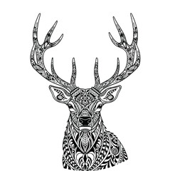 Deer: A highly detailed line art illustration of a deer's head with intricate, mandala-like patterns on its body and antlers.