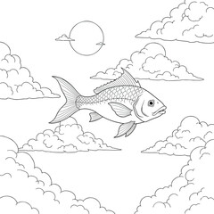 Fish: A surreal line art illustration of a flying fish in the sky, among clouds and the sun, symbolizing dreams and fantasy.