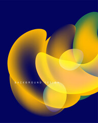 Abstract fluid shapes overlap, creating vibrant color gradients. Yellows, blues blend seamlessly on dark background. Modern design element.