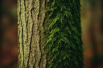 Obraz premium Macro view of a moss-covered tree trunk with grey bark beneath