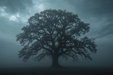 Fog surrounds a solitary tree created with generative AI technology