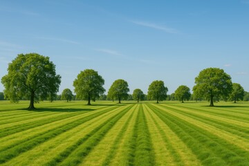 Obraz premium Farmers' grazing fields featuring trees, lines, and stripes in a rural setting