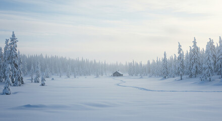 Serene winter cabin nestled amongst snow-covered pines with a winding path through a frosty landscape