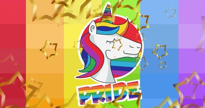 Animation of falling stars over unicorn and pride text on rainbow