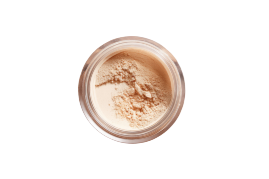Light beige face powder in a clear jar