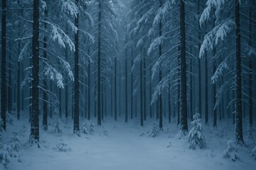 Snow-covered forest during winter night, trees blanketed in frost, creating a mysterious and tranquil winter landscape