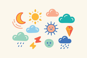 Cartoon Weather Icons Sun, Moon, Clouds, Rain, Lightning Bolt, Gemstone On Neutral Background