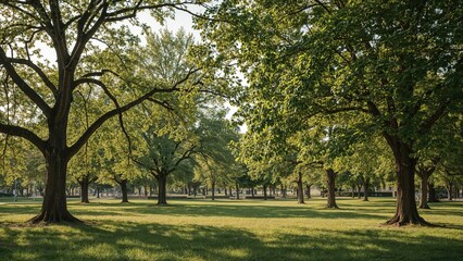 Lush green trees basking in warm sunlight during summer