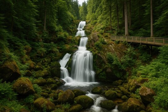 Spectacular waterfalls nestled within a forested area