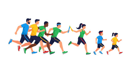 Relay Race: A graphic illustration of a vibrant relay race featuring runners of all ages and backgrounds. Capturing the energy and collaborative spirit of athletic competition.