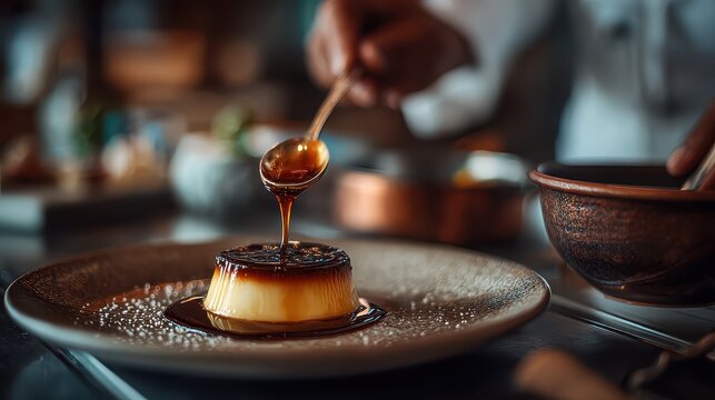 Chef spoons caramel over flan on a plate, gourmet dessert. Showcases food preparation, dining, or restaurant concepts.
