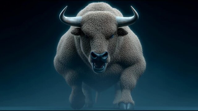 A bull with horns is standing in front of a dark background. Concept of strength and power, as the bull's muscular build and imposing horns suggest that it is a formidable creature
