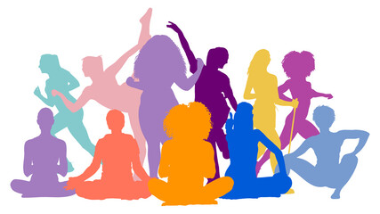 Obraz premium Bunte Collage aus Silhouetten von Frauen bei Sport und Yoga