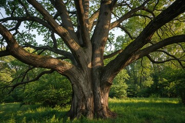 Obraz premium Tree trunk, branches, and leaves set against a lush green background