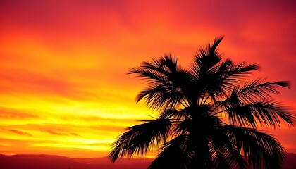 Dark palm tree silhouette sharply outlined against vibrant orange and purple sunset sky,  sky,  beach
