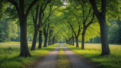 Fototapeta premium A trail bordered by lush greenery and trees