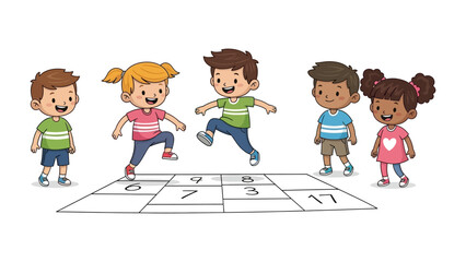 Hopscotch Fun: Captivating image of children engaged in a lively hopscotch game, a classic childhood activity symbolizing fun and healthy development.