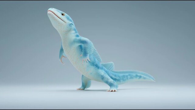 A blue lizard is walking on a white background. The lizard is small and has a blue color