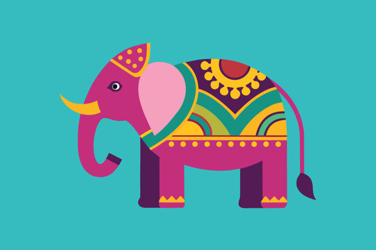 Decorated Pink Elephant with Traditional Indian Ornamentation on Teal Background Illustration - Powered by Adobe