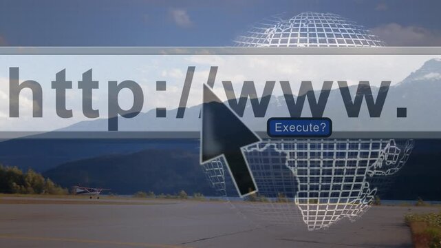 Arrow curser over website link and spinning globe against plane taking off at an airport