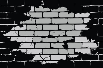 Distressed Brick Wall Gray Bricks Surrounded by Black Cracks and Damage Illustration Background
