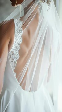 Elegant bride in a lace wedding dress with a flowing veil, showcasing intricate details and serene beauty. vertical video