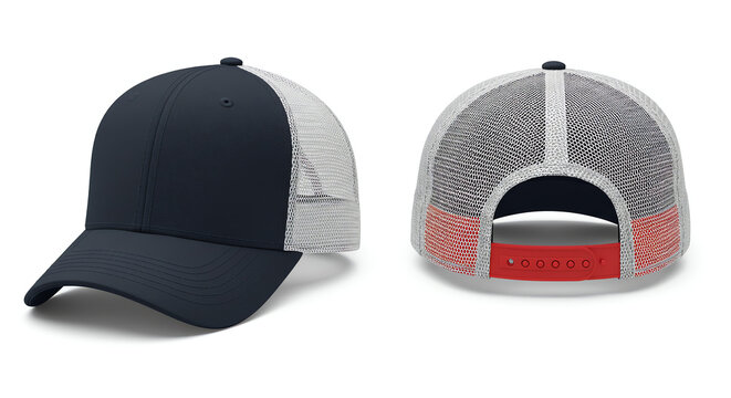 Blank Navy Blue and White Trucker Hat Mockup, Front and Back Views