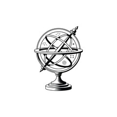 Vintage illustration of an astronomical armillary sphere on a pedestal in black and white