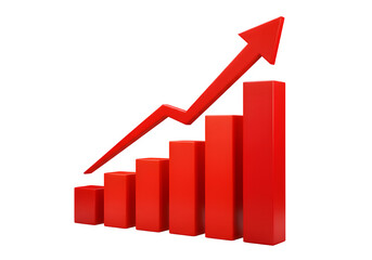 A striking red 3D bar graph with a bold upward trend arrow Isolated on white or transparent background. PNG format.