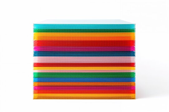 Pile of vibrant corrugated plastic panels on a plain white backdrop