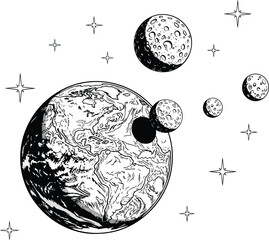 Space: A surreal illustration of a planet and multiple moons, floating in space among stars, creating a cosmic and imaginative concept.
