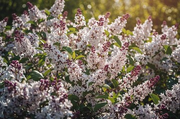 Vibrant springtime scene featuring a horizontal view of blossoming lilac bushes with lush green foliage