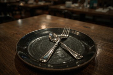 Obraz premium Metal fork and spoon resting on a glossy dark dish with reflections, culinary setting, dining table, vintage style, kitchenware