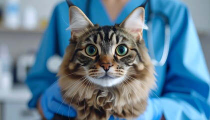 A tabby cat being examined by a doctor.  Close-up view