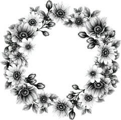 Flower: A highly detailed line art illustration of a circular floral wreath with blooming flowers, buds, and leaves.
