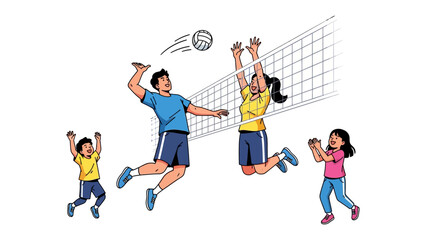 Volleyball Game: A vibrant illustration captures a lively family engaged in a spirited game of volleyball, showcasing the joy and camaraderie of sports and family bonding.