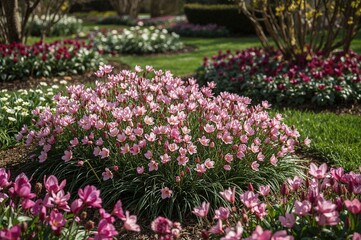Obraz premium Perennial primroses blooming in a vibrant spring garden with shades of pink and burgundy