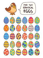 Colorful Easter puzzle for kids. Find two identical decorated eggs among many patterns. Fun visual worksheet to train attention, logic, and pattern recognition at home or in class. Find the Match