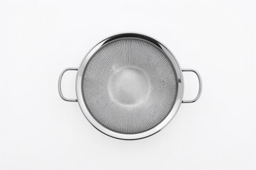 White background featuring a stainless steel sieve