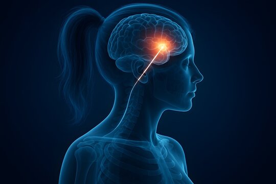 Woman with optic nerve and link to stimulated brain region - X ray style 3D illustration with blue background