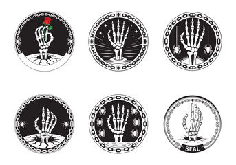 Skeleton hand emblem collection, gothic horror vector design