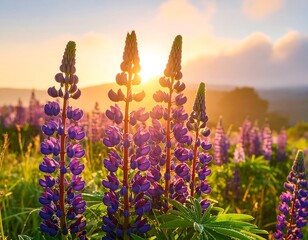 A vibrant field of lupines bathed in the golden light of sunrise, showcasing the rich purple hues and delicate details of these wildflowers.