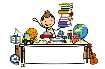 Cartoon Junge verkauft Bücher auf Flohmarkt für Kinder