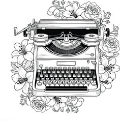 Typewriter: A detailed line art illustration of a vintage typewriter surrounded by roses and lilies, combining a classic machine with beautiful floral elements.