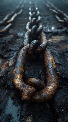 Fototapeta premium Close up photo of a rusty metal chain in a dark and textured environment