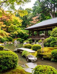Fototapeta premium A tranquil Japanese garden with a serene pond, colorful foliage, and a traditional wooden pavilion.