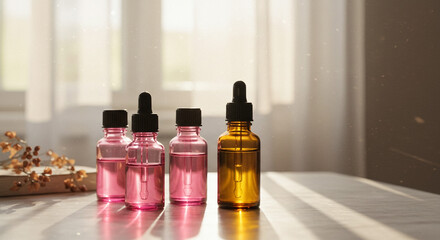 Beautiful dropper bottles with pink and amber liquids on a table, bathed in soft natural light.