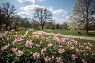 Floral blooms emerging in the garden during spring
